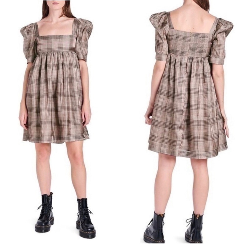 En Saison Organza Plaid Babydoll Mini Dress Multicolor Puffy Short Sleeve Sz  XS